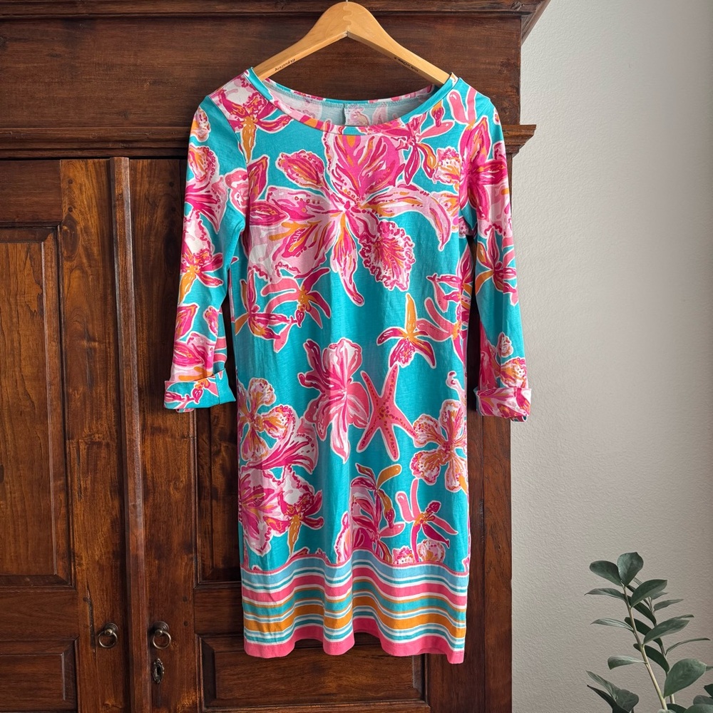 Lilly Pulitzer Turquoise Floral Shift Dress with Pink and Yellow Accents